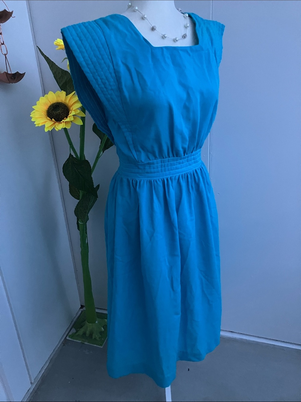 Vintage 70s 80s Bright Blue Midi Dress w Structural Sleeves & Button Up Back
